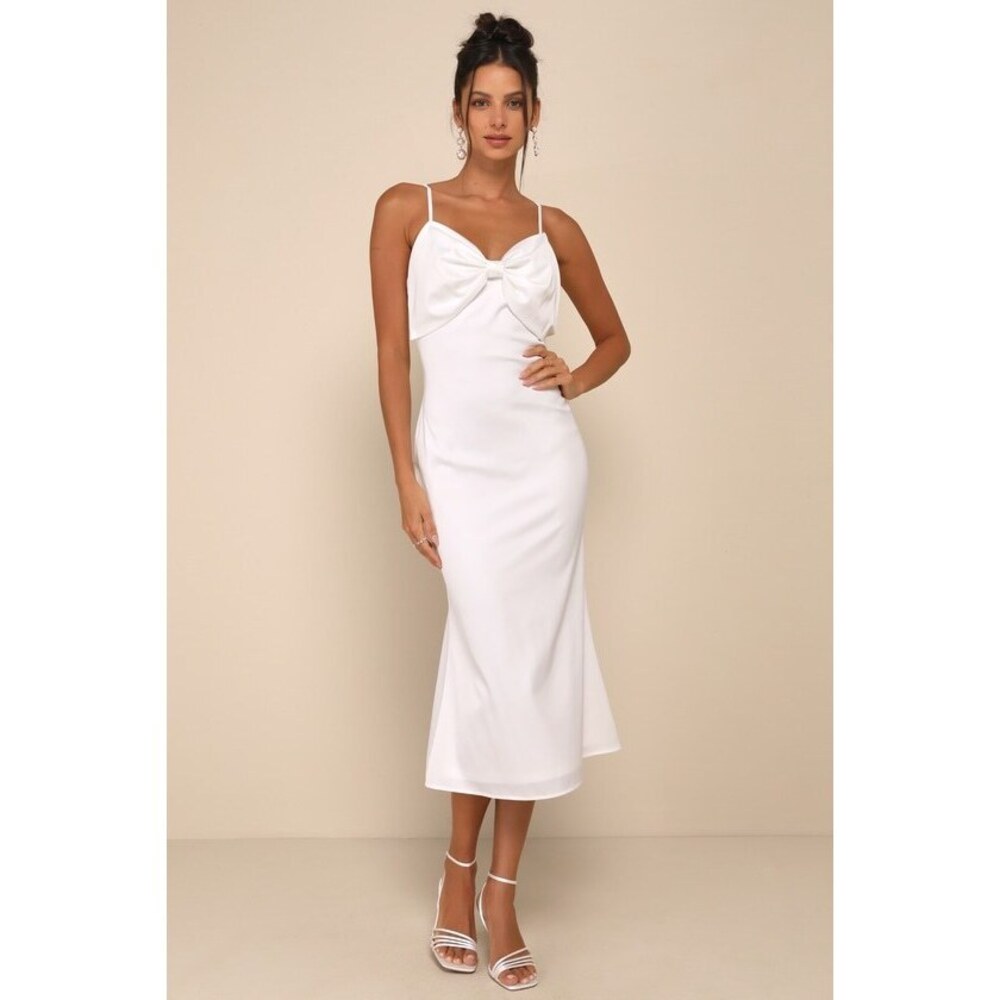 Lulus Extravagantly Sleek White Satin Sleeveless Bow Midi Dress - Size L